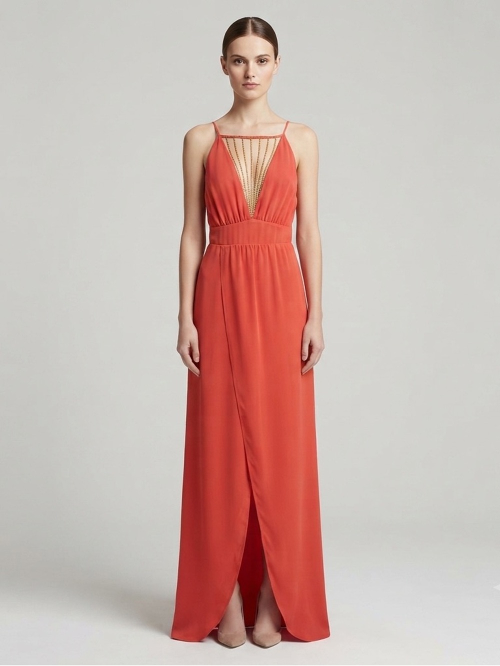 Sheri Bodell Silk Coral Beaded Open Back Maxi Gown Dress NWT Size S